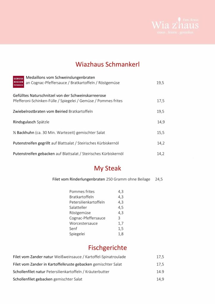 Speisekarte Seite 2: Wiazhaus Schmankerl, My Steak, Fischegrichte