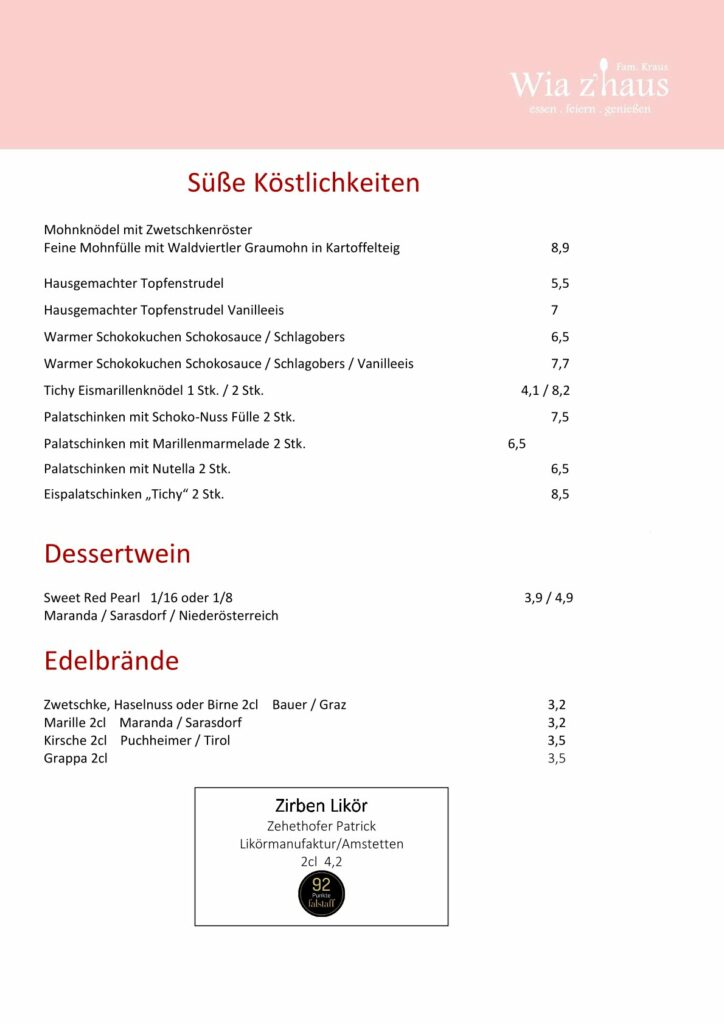 Speisekarte Seite 4: Nachspeisen, Dessertwein, Edelbrände